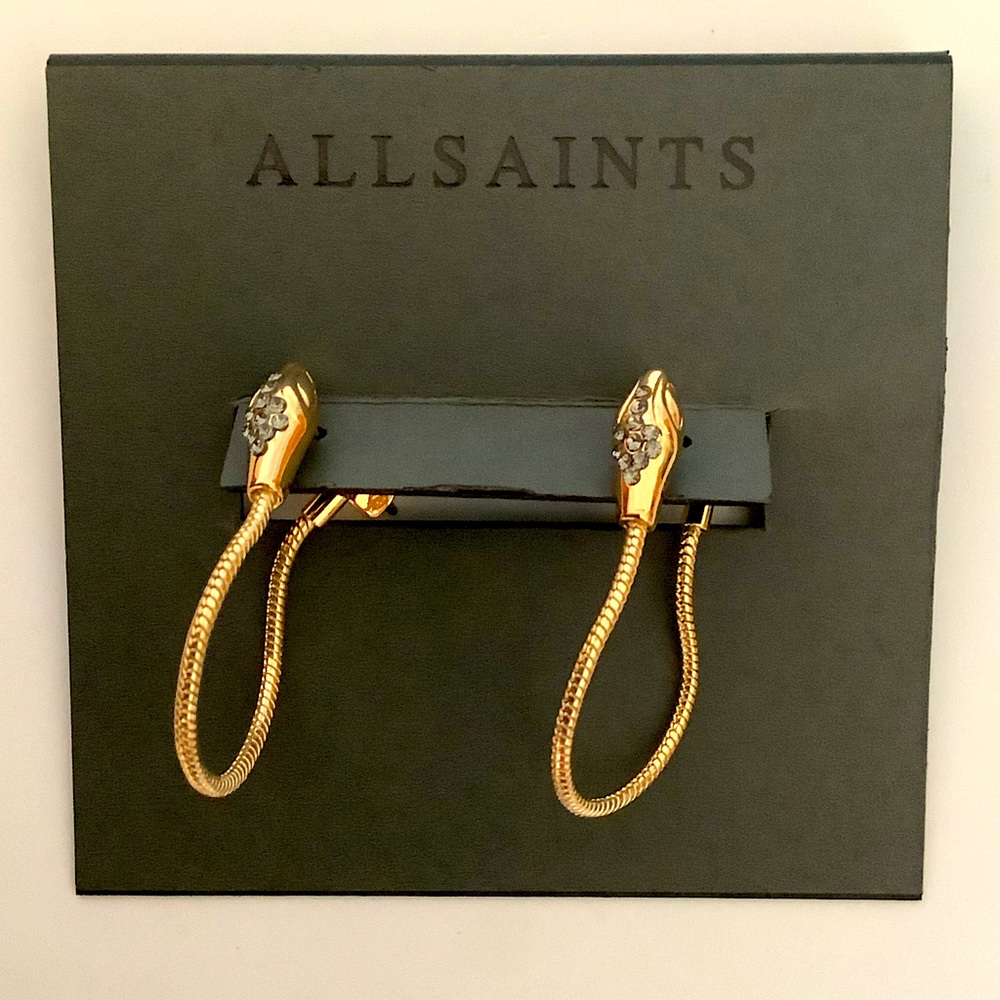 All Saints Snake Front To Back Goldtone Pave’ Earrings New - Picture 2 of 4
